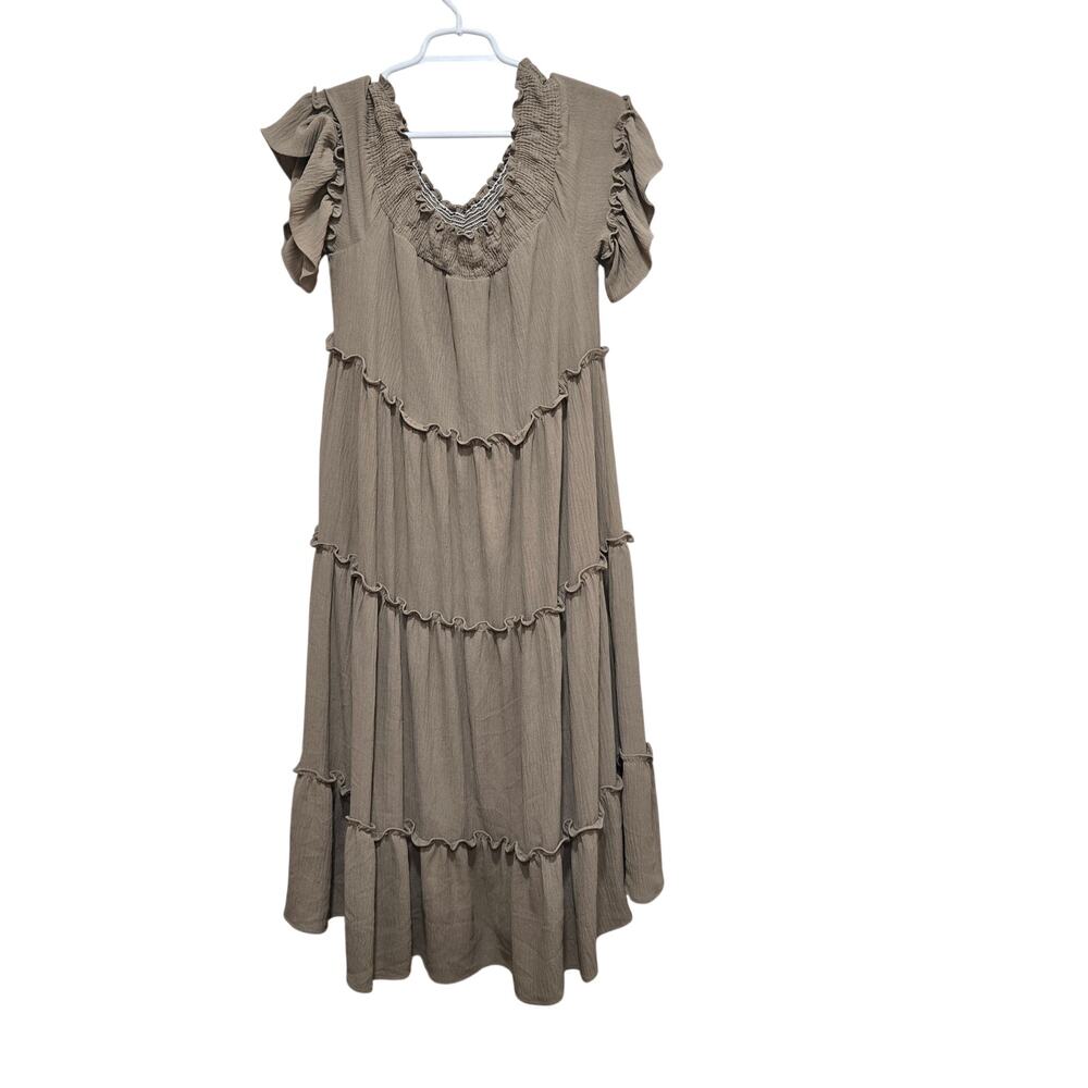 Ces Femme Taupe Smocked Tiered Ruffle Midi Dress Size Large